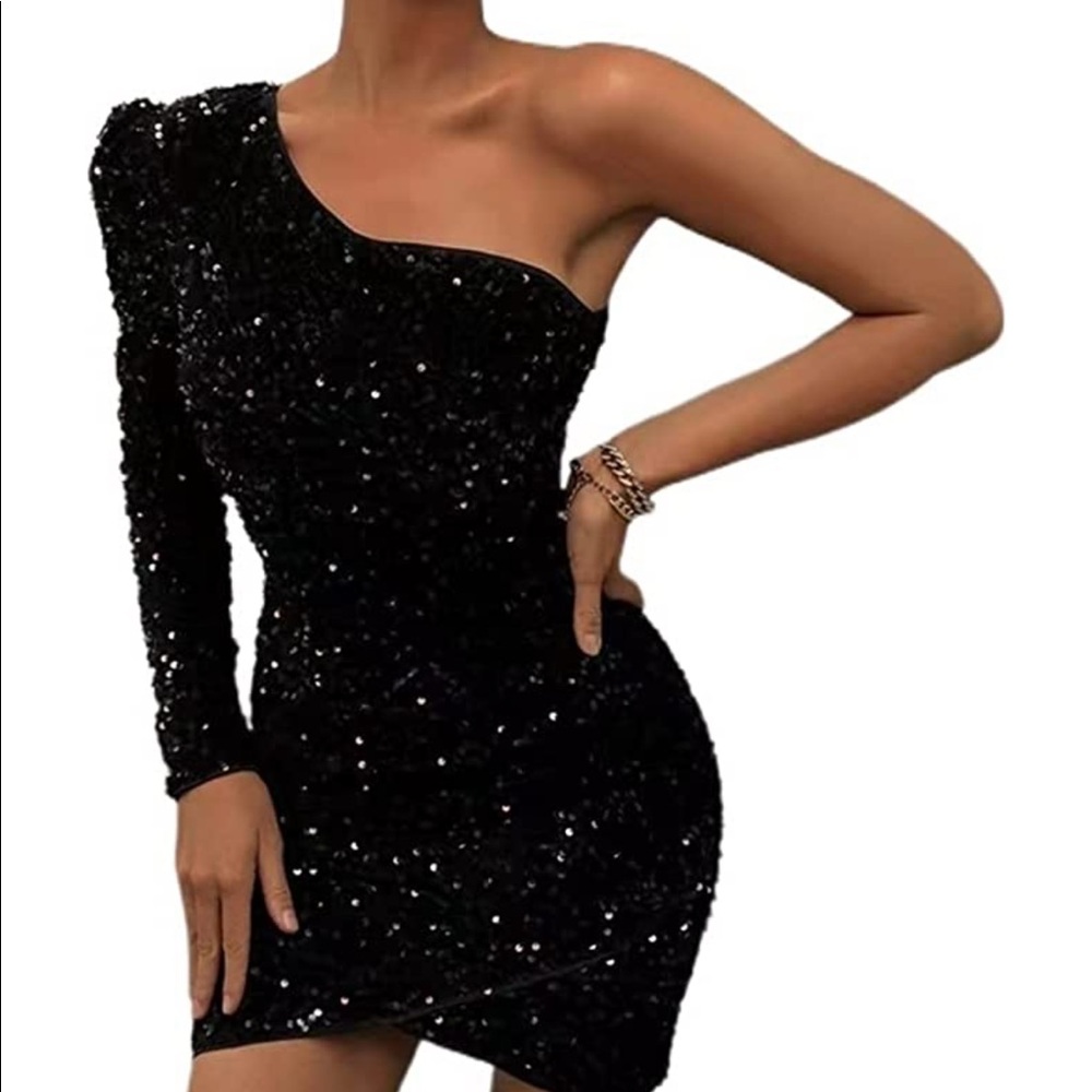 Women's Sexy one Shoulder Sequin Dress, Size : Small